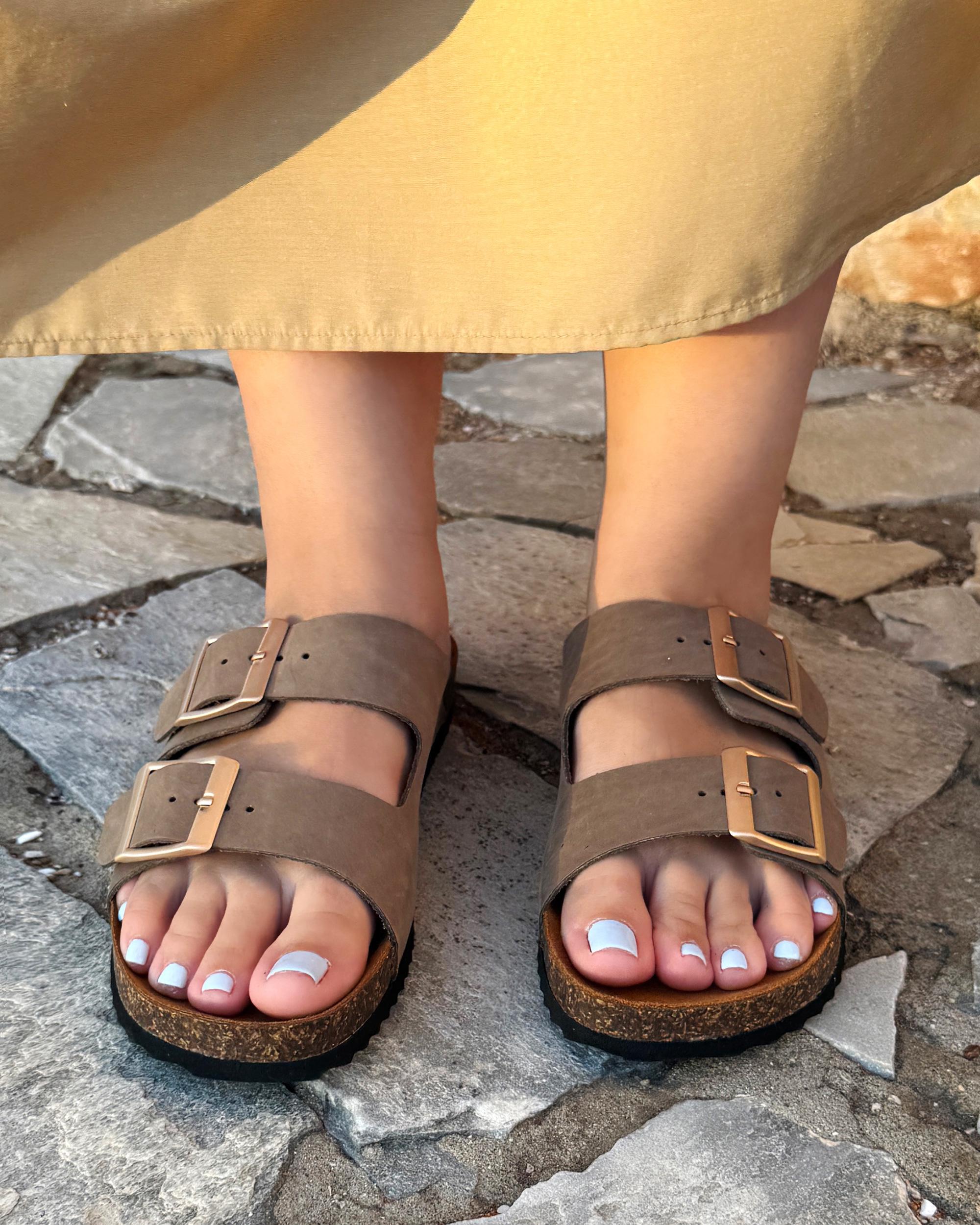 Taupe Leather Double Buckle Slide Sandals, Summer Beach Travel Flat Sandals