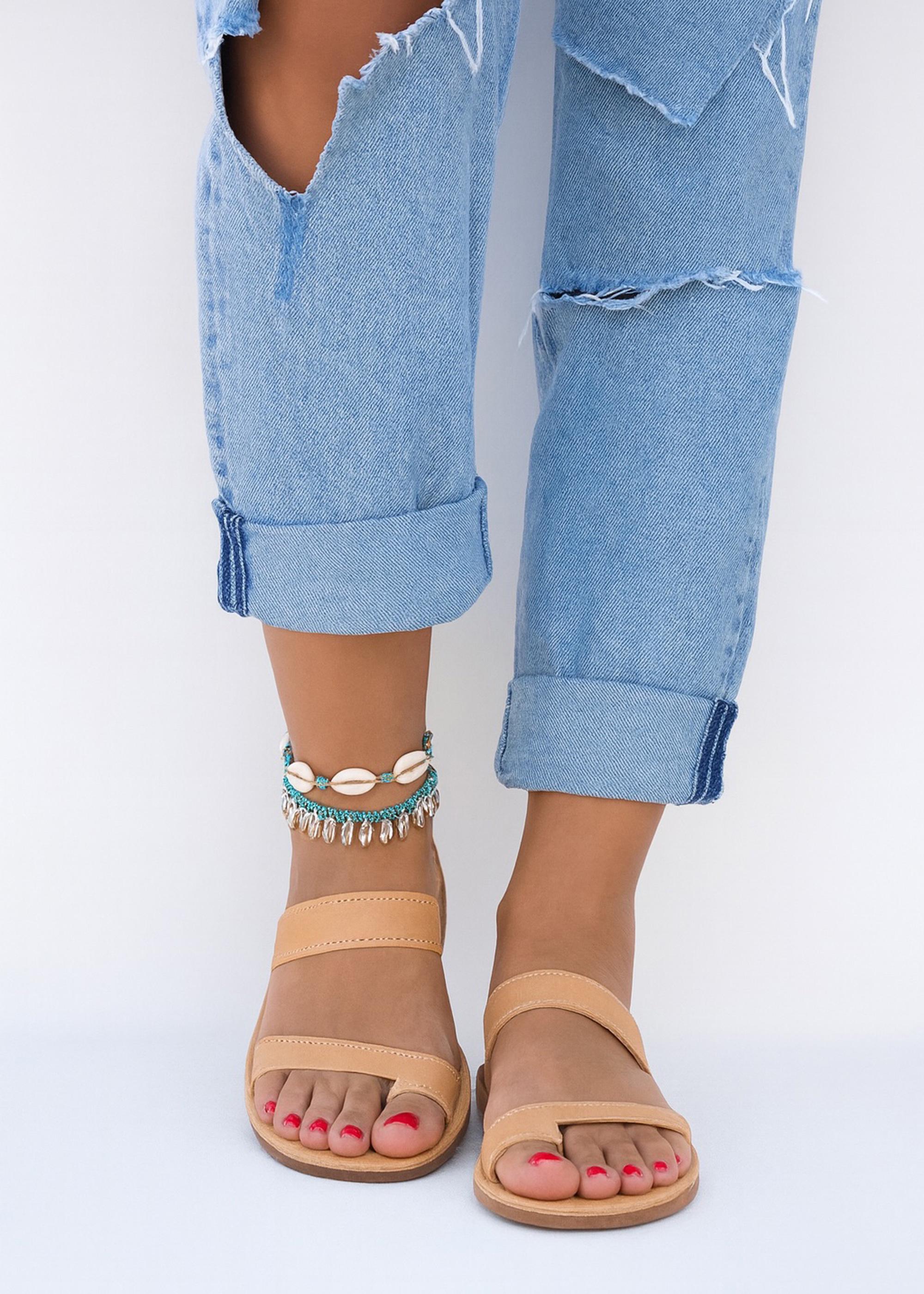 Tan Leather Charm Ankle Strap Sandals, Summer Beach Travel Open Toe Flat Sandals
