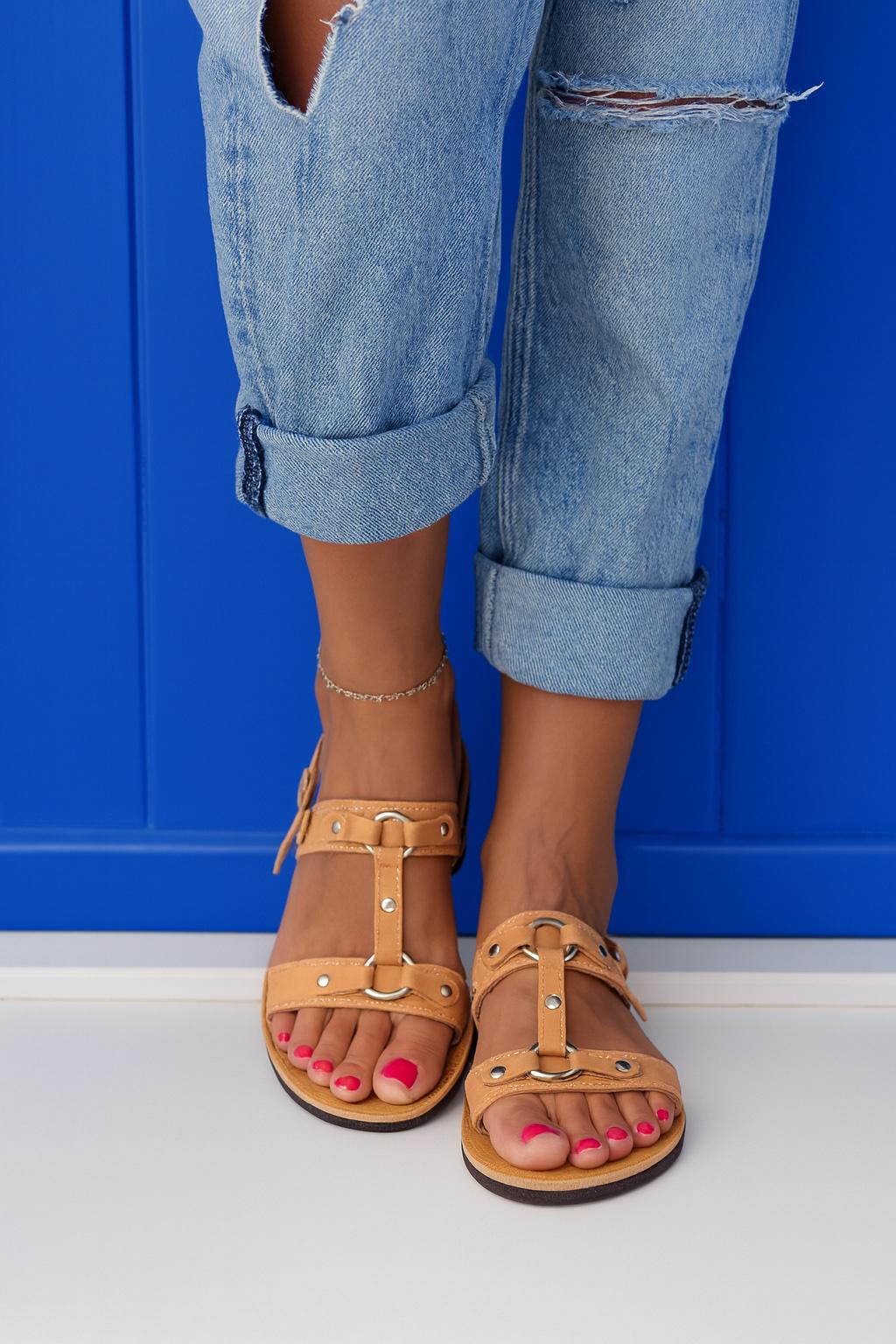 Tan Leather Double Buckle Studded Flat Sandals, Summer Beach Travel Open Toe Sandals