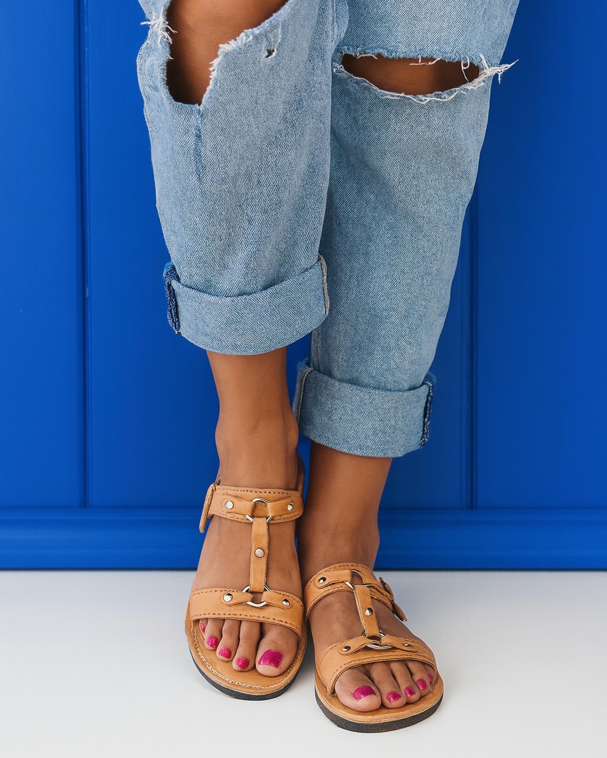 Tan Leather Double Buckle Studded Flat Sandals, Summer Beach Travel Open Toe Sandals