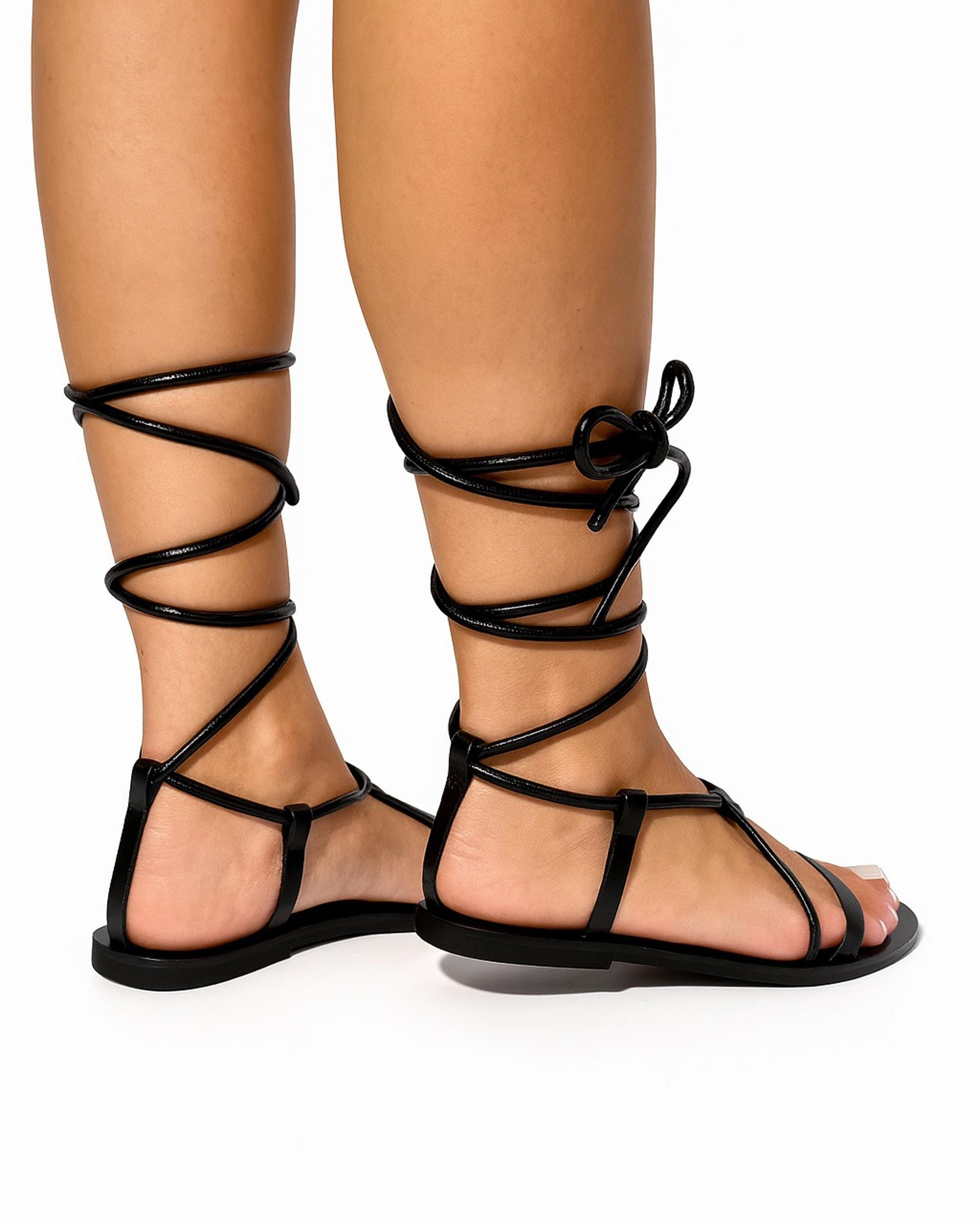 Black Leather Lace-Up Gladiator Flat Sandals, Summer Beach Travel Strappy Open Toe Sandals