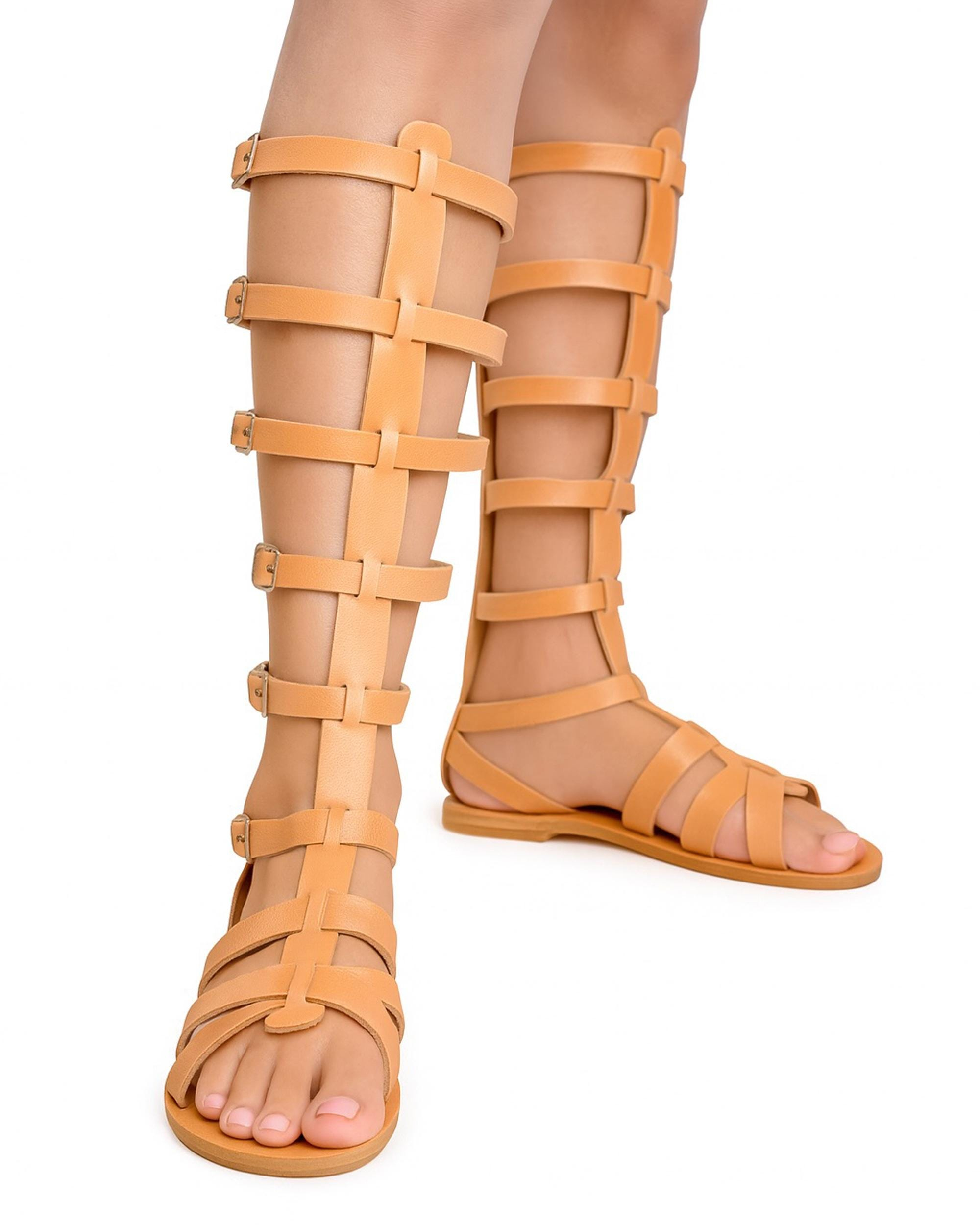 Tan Leather Knee-High Gladiator Sandals, Summer Beach Travel Open Toe Buckle Flat Sandals