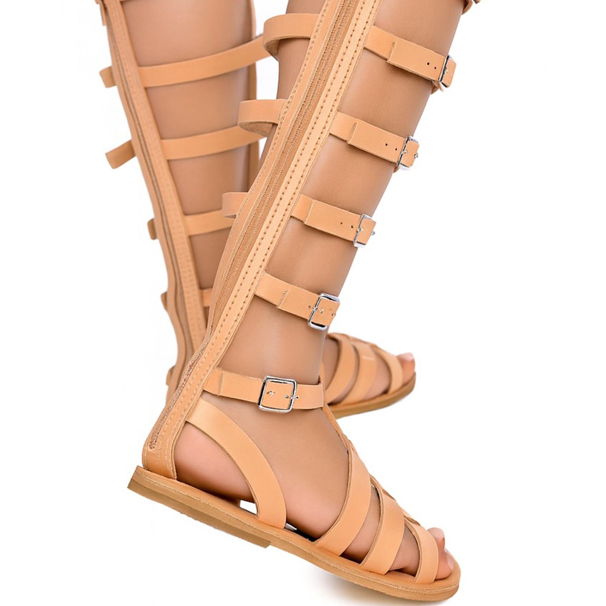 Tan Leather Knee-High Gladiator Sandals, Summer Beach Travel Open Toe Buckle Flat Sandals