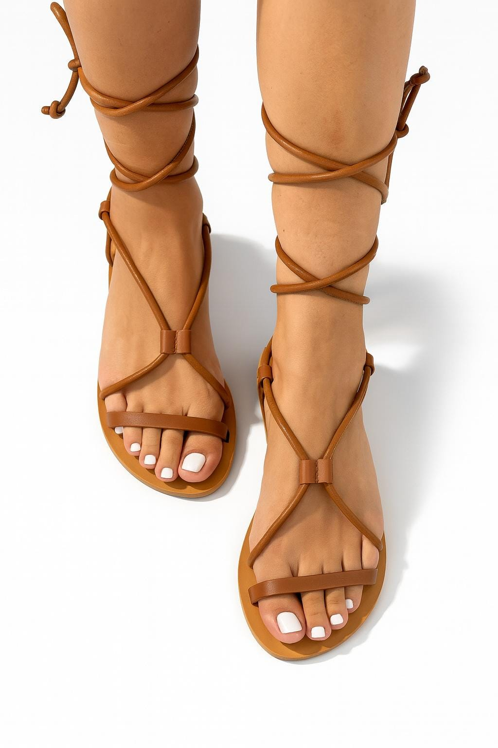 Brown Leather Lace-Up Gladiator Flat Sandals, Summer Beach Travel Open Toe Sandals